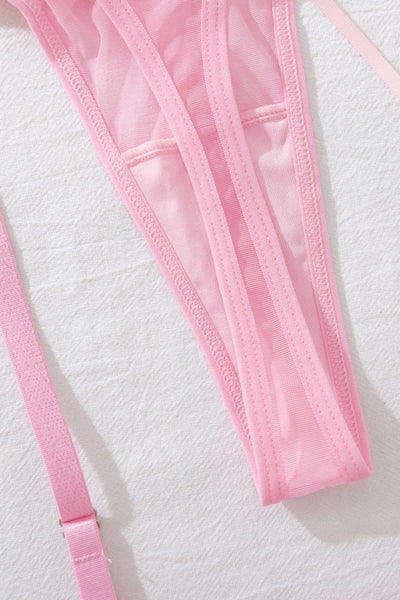 Light Pink Mesh Corset Bra Thong Garter Belt Sexy 4Pc Lingerie Set