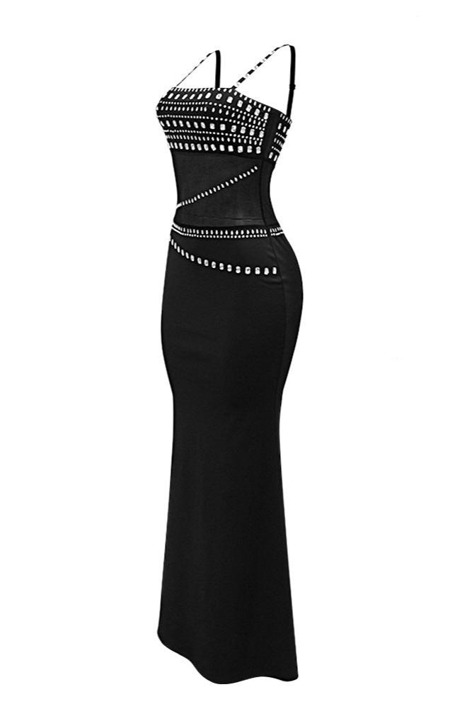 Black Big Rhinestones Gem Mesh Sexy Fitted Mermaid Maxi Party Dress