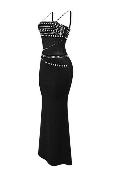 Black Big Rhinestones Gem Mesh Sexy Fitted Mermaid Maxi Party Dress