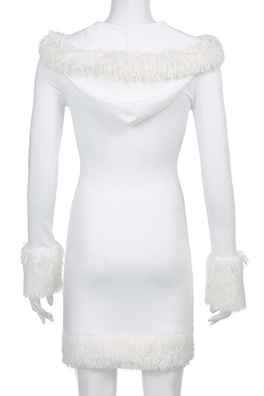 White Fur Lace-Up Hooded Dress Sexy Costume