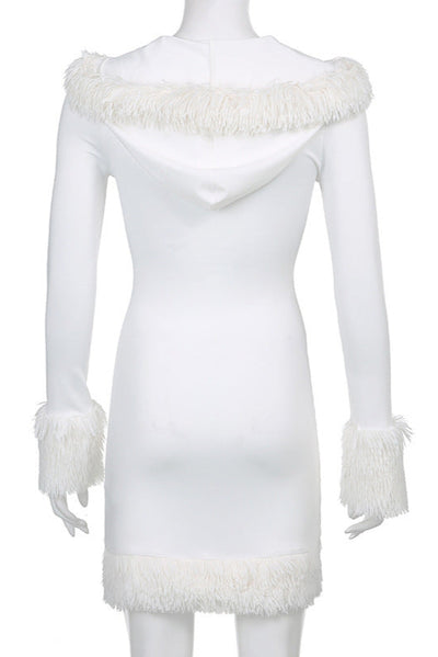 White Fur Lace-Up Hooded Dress Sexy Costume