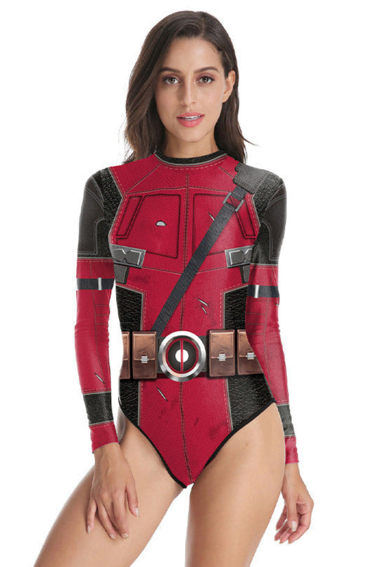 Red Black Printed Stretchy Sexy Long Sleeve Deadpool Costume Romper