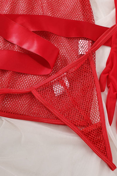 Red Sparkly Netted Mesh Heart Ring Tied Gloves Thong Sexy 4Pc Lingerie Set