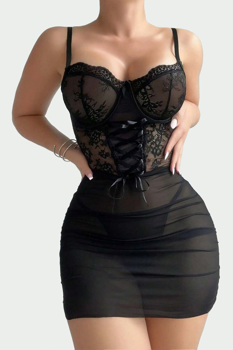 Black Lace Mesh Lace-Up Corset Dress Thong Sexy 2Pc Lingerie Set