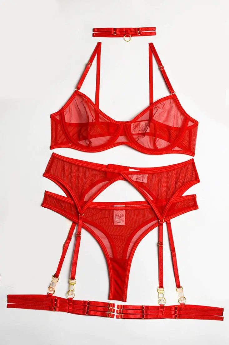 Red Mesh Sheer Bandage Garter Thong 5Pc Sexy Lingerie Set