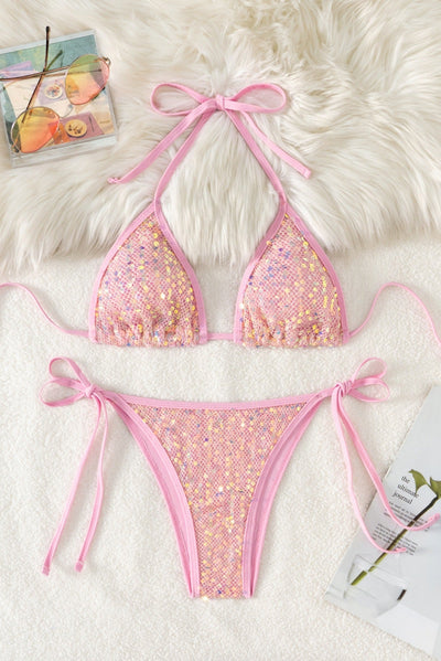 Pink Holographic Sequin Netted Sexy 2Pc Swimsuit Set Bikini