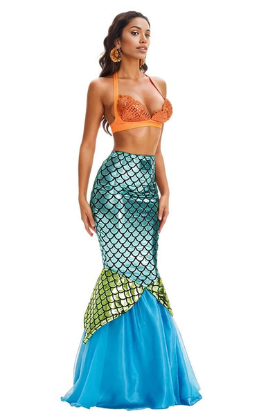 Orange Sequin Blue Green Metallic Scale Fitted Sexy Mermaid Costume