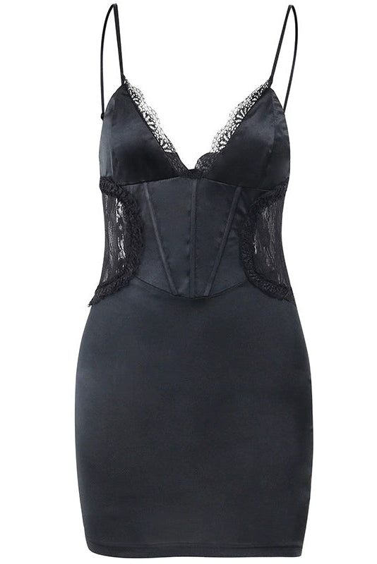 Black Stretchy Satin Lace Corset Sleeveless Sexy Fitted Party Dress