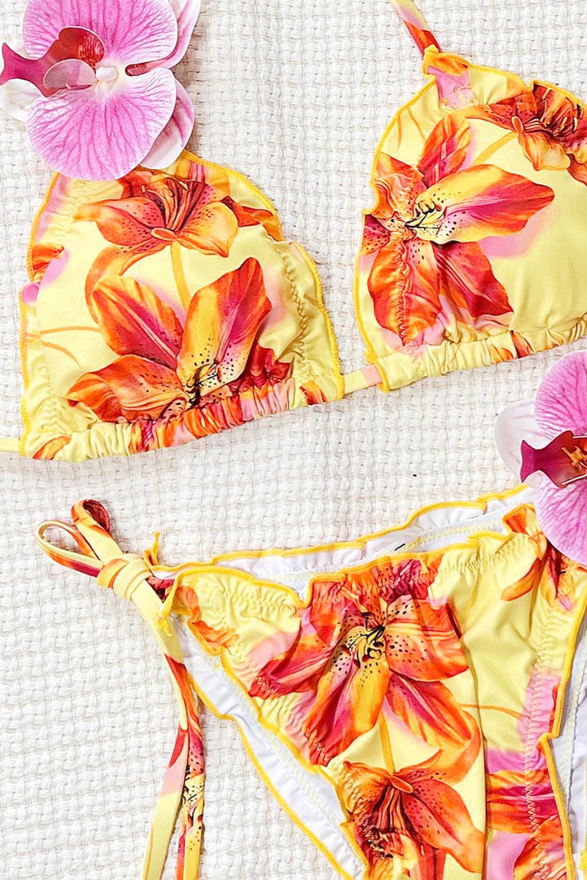 Yellow Floral Print Pink Tropical Flower Sexy 2Pc Swimsuit Set Bikini