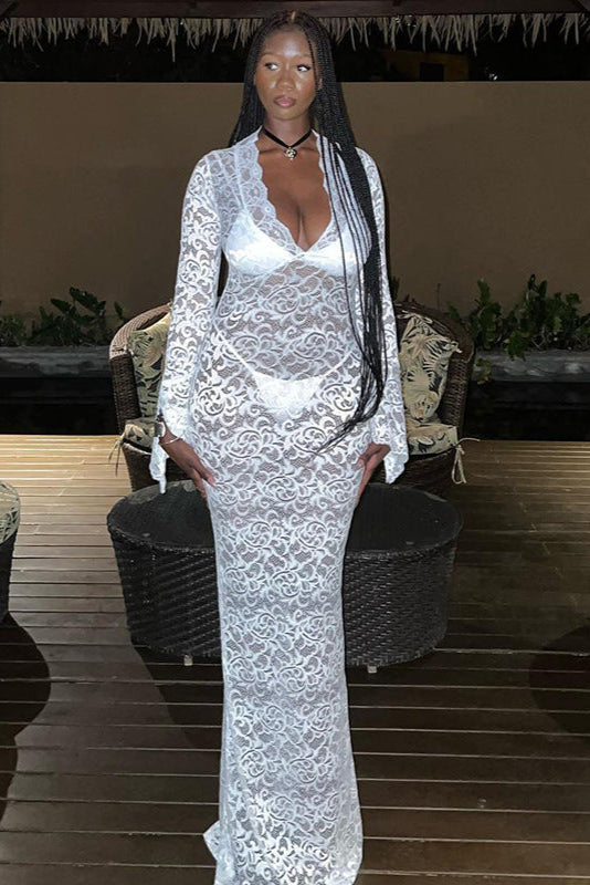 White Lace V-Neck Flare Sleeve Sexy Full Length Maxi Dress