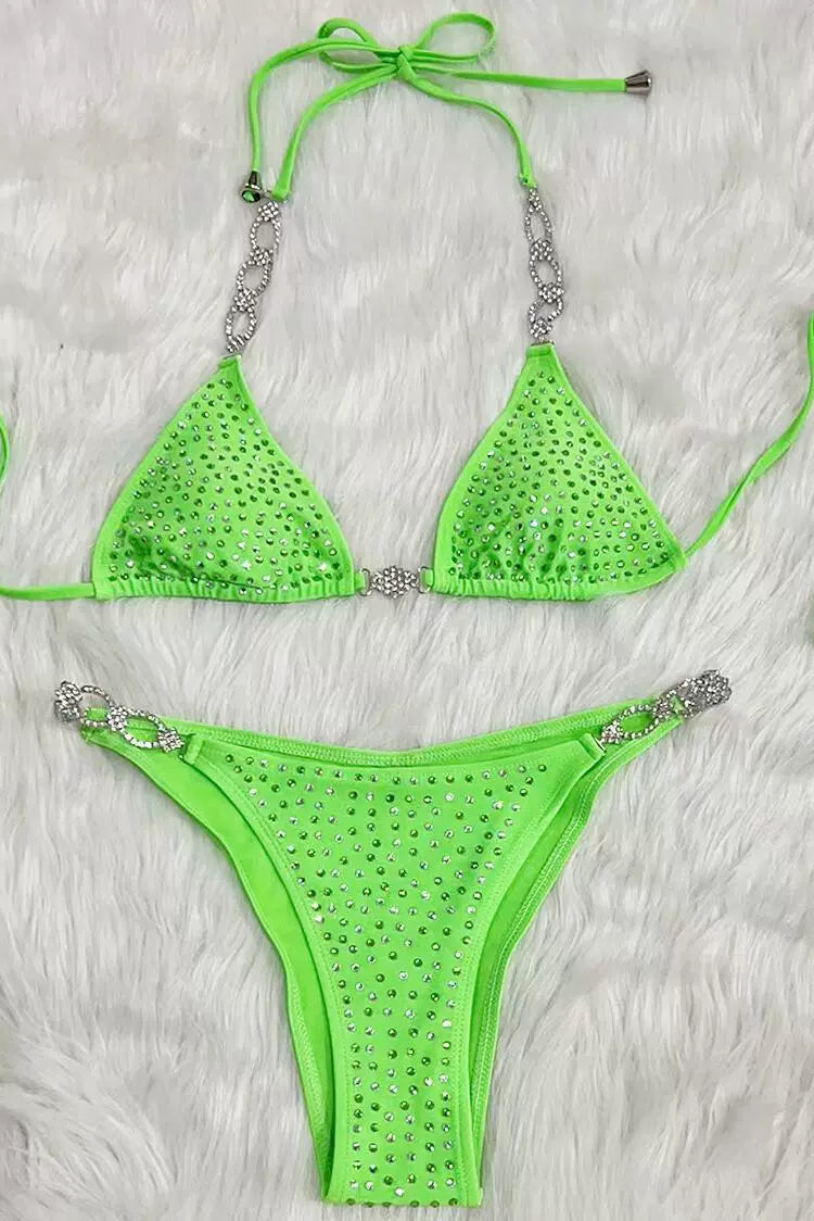 Lime Silver Rhinestone Accent Sexy Two Piece Swimsuit