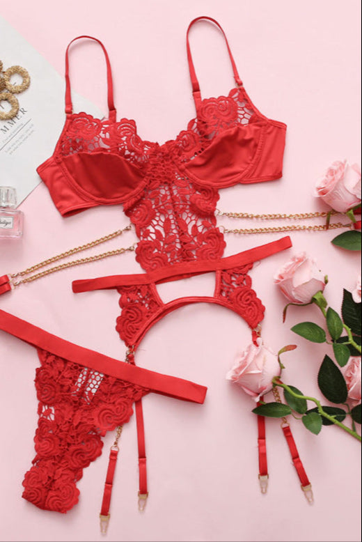 Red Flower Crochet Chain Garter Thong Sexy 2Pc Lingerie Set