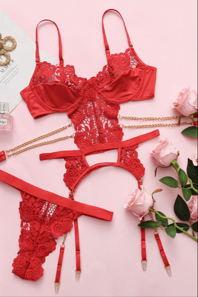 Red Flower Crochet Chain Garter Thong Sexy 2Pc Lingerie Set