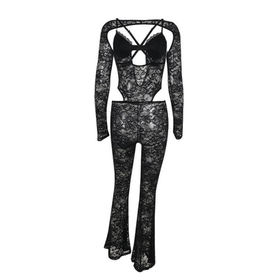 Black Lace Push-Up Cut-Out Strappy Jumpsuit Long Sleeve Top Sexy 2Pc Outfit