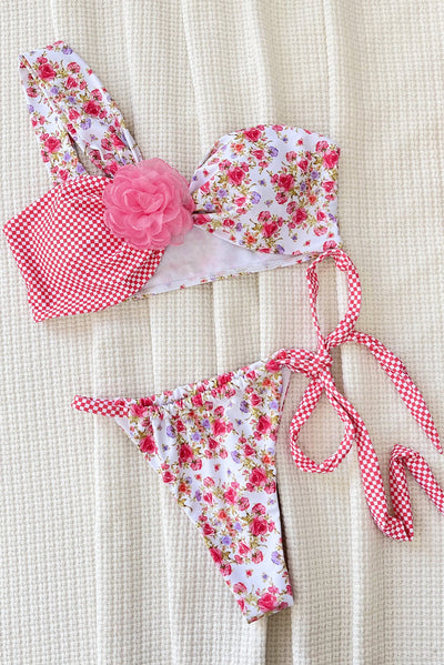 Pink One Shoulder Floral 3D Rosette Cheeky Sexy 2Pc Swimsuit Set