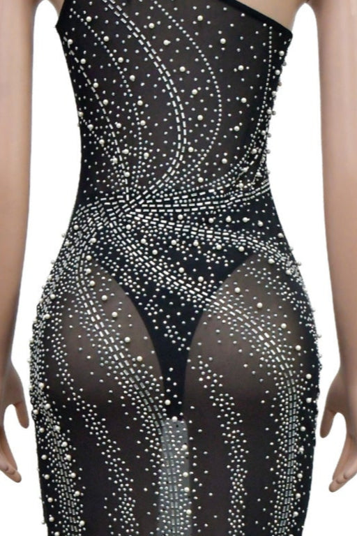 Black Rhinestones Pearls Mesh One Shoulder Sexy 2Pc Party Dress