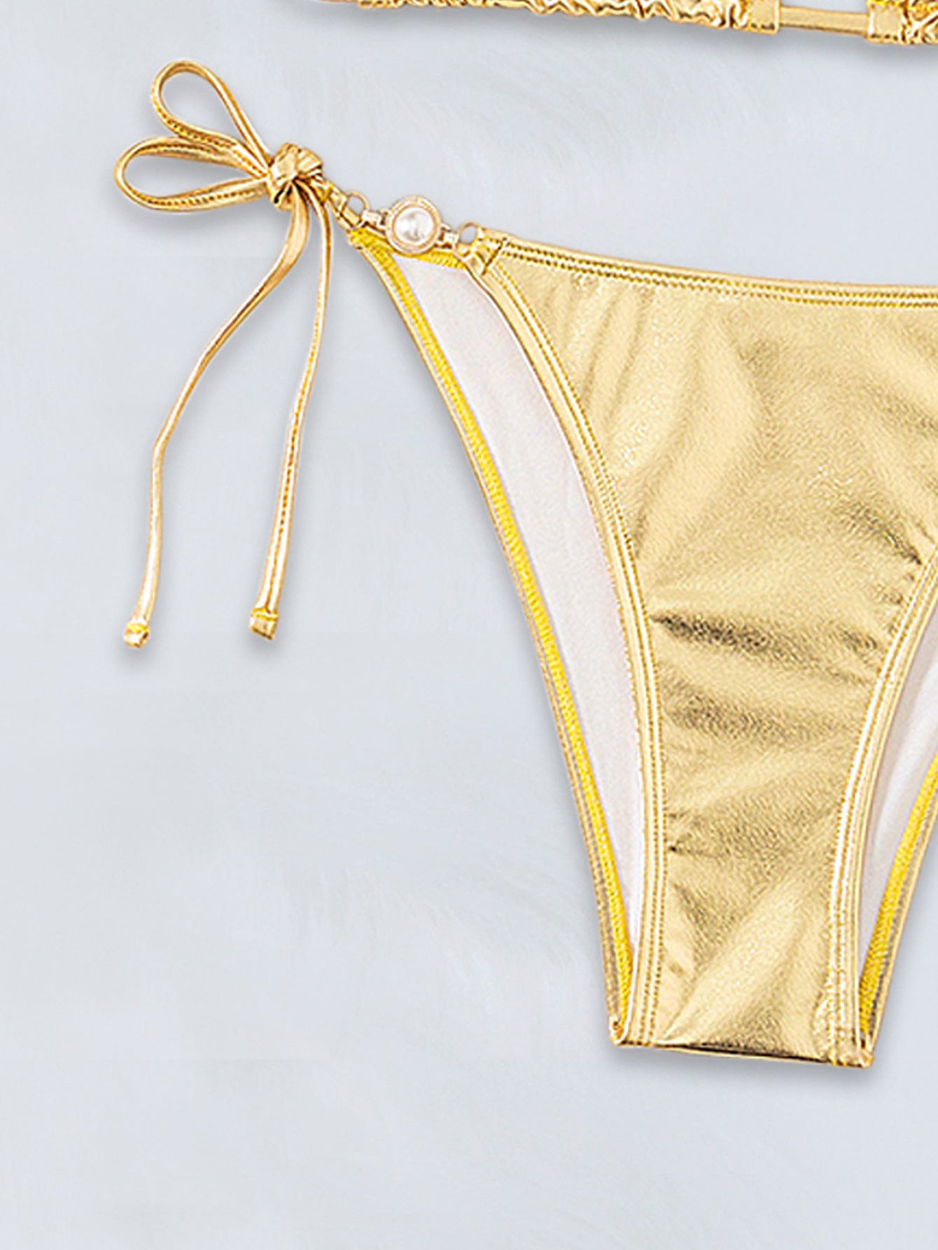 Gold Metallic Pearl Designer Buckle Cheeky Sexy 2Pc Swimsuit Set