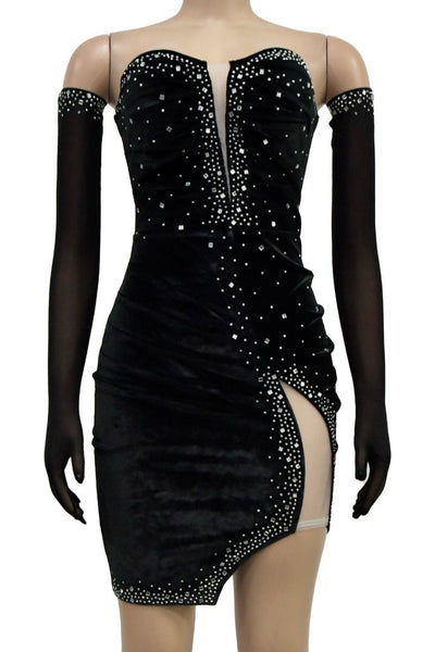 Black Velvet Rhinestone Mesh Strapless Dress Gloves Sexy 3Pc Party Outfit