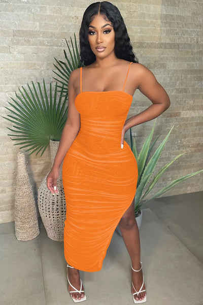 Orange Mesh Ruched Sleeveless Side Slit Sexy Fitted Long Dress