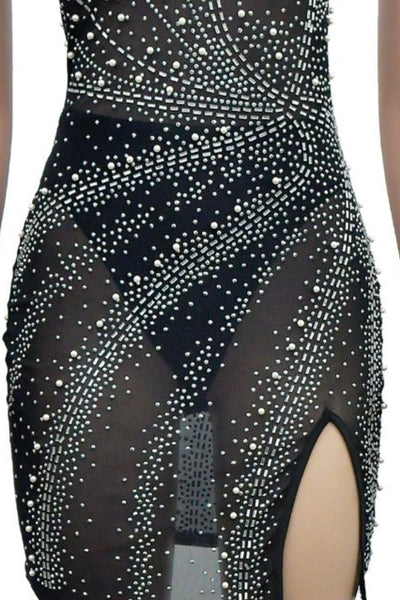 Black Rhinestones Pearls Mesh One Shoulder Sexy 2Pc Party Dress