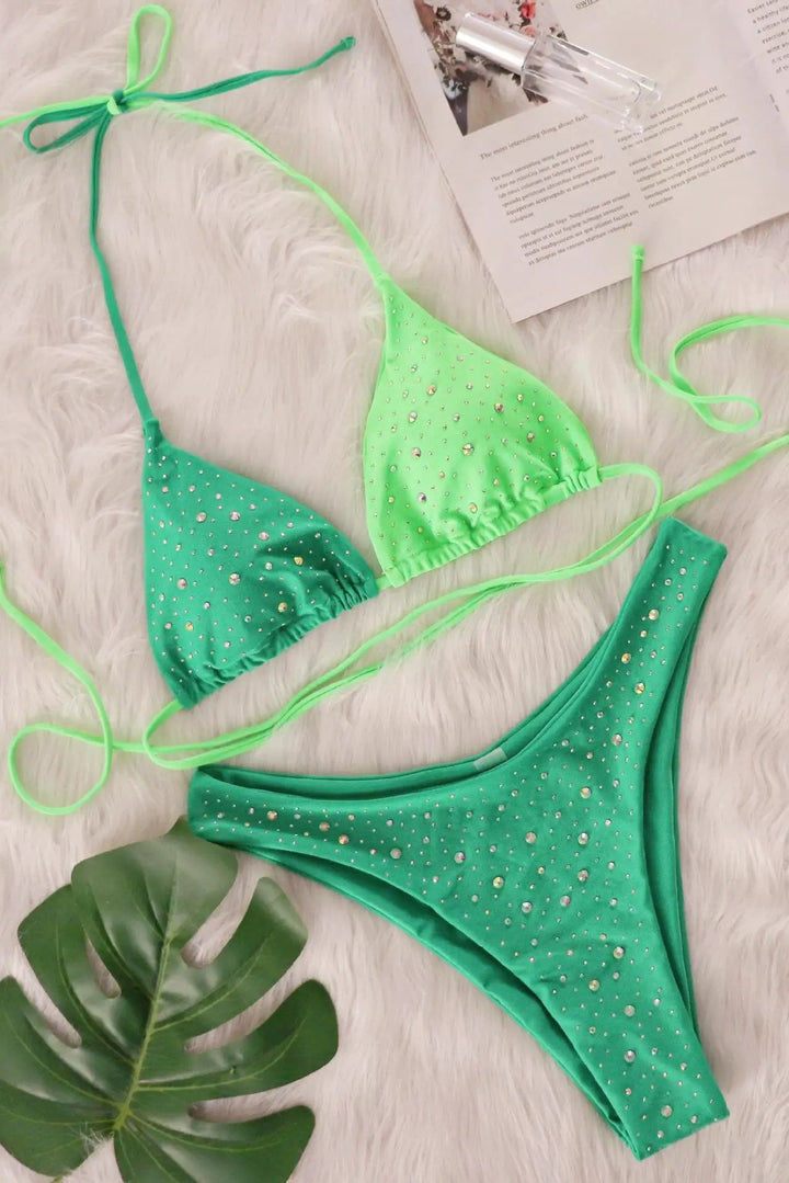 Green Color Block Rhinestone Sparkly Strappy Cheeky Sexy 2Pc