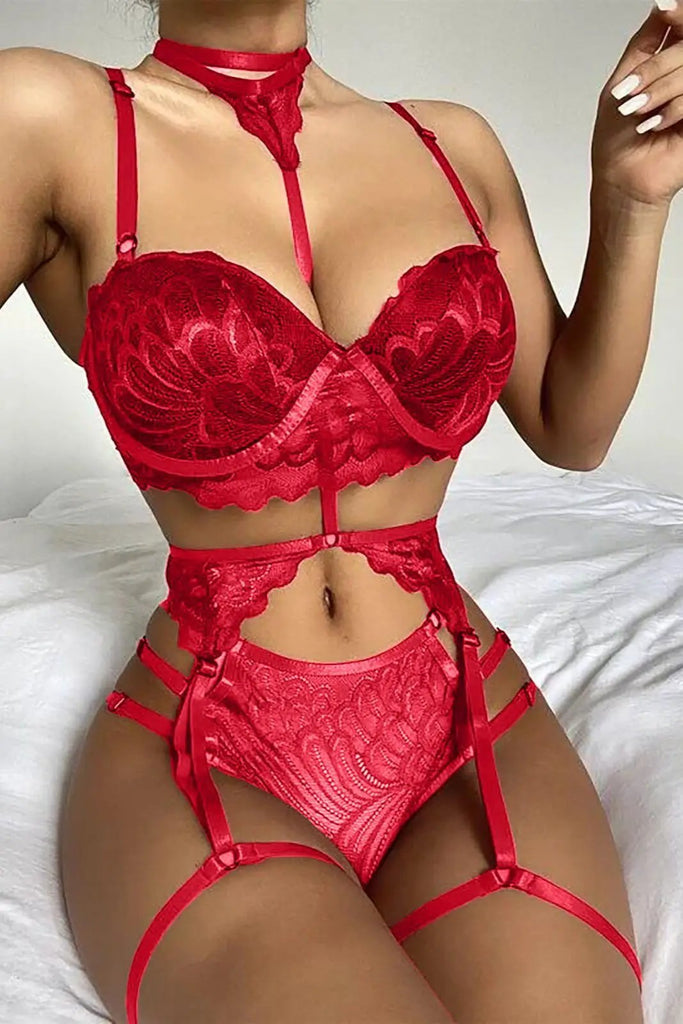 Sexy Choker Red Floral Lace Garter Belt Panty 3 Pc Set GT245