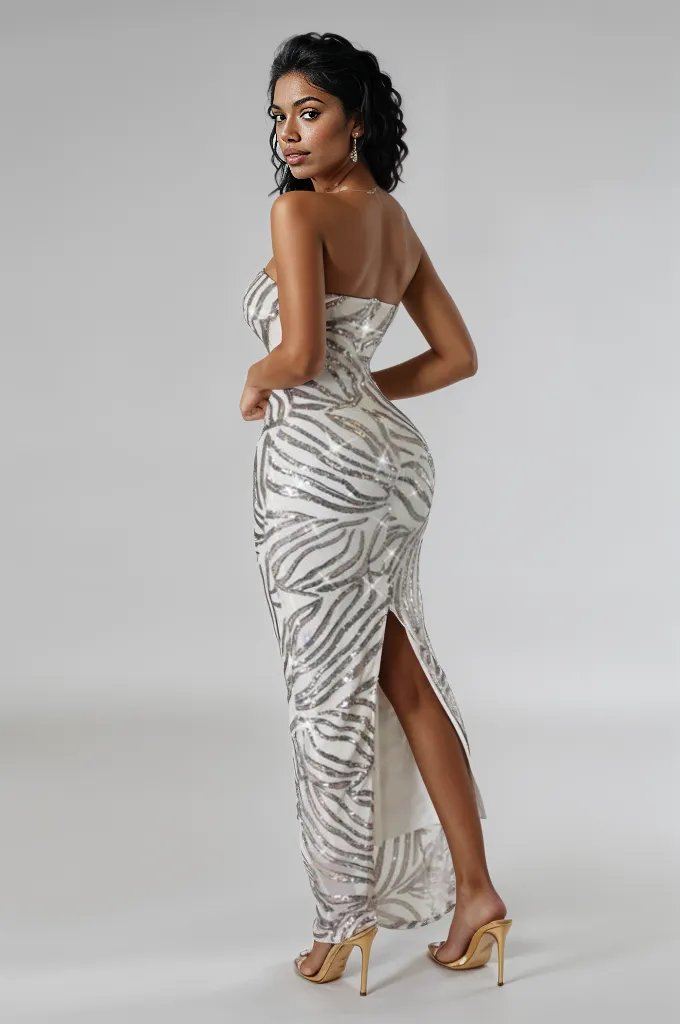 White Silver Sequin Strapless Mesh 2 Layer Full Length Fitted Party Dress