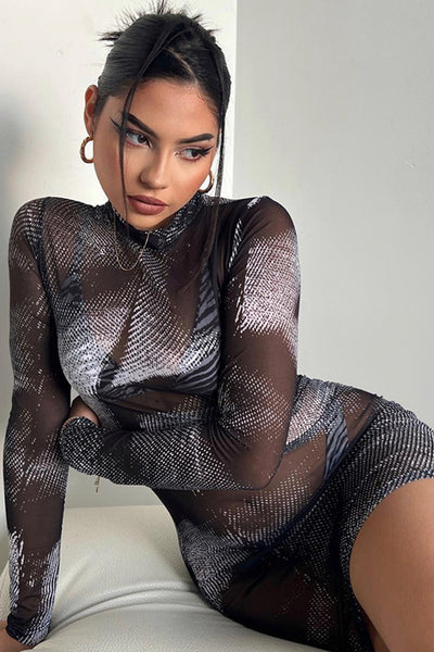 Black Printed Sheer Mesh High Neck Long Sleeves Sexy Dress