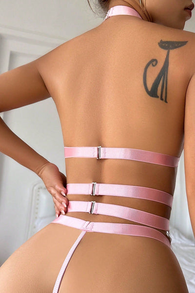 Light Pink Lace Heart-Ring Chain Thong Garter Belt Sexy 3Pc Lingerie Set