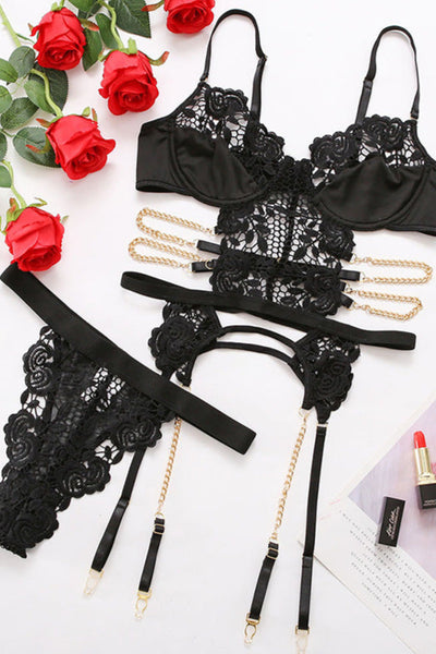 Black Flower Crochet Chain Garter Thong Sexy 2Pc Lingerie Set