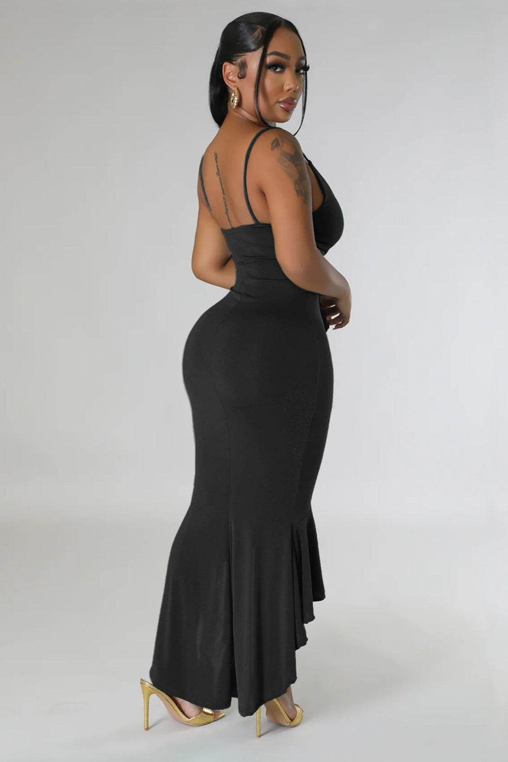 Black Ruffle Curve Hugging Sexy Maxi Party Dress