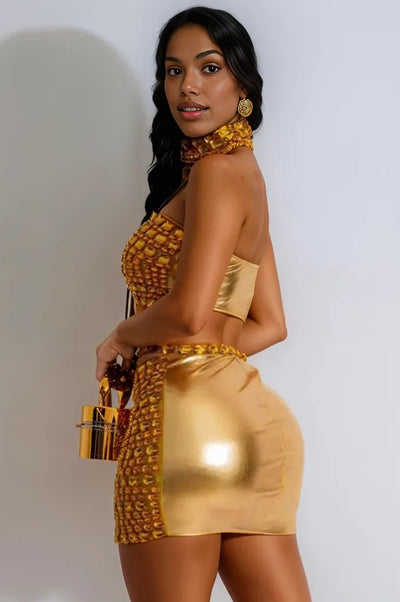 Gold Big Rhinestone Gem Suede Metallic Sexy 3Pc Dress Outfit