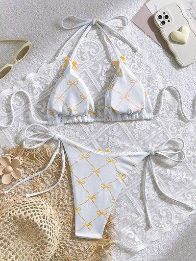 White Orange Coquette Bows Triangle Tie Side Sexy 2Pc Swimsuit Set Bikini