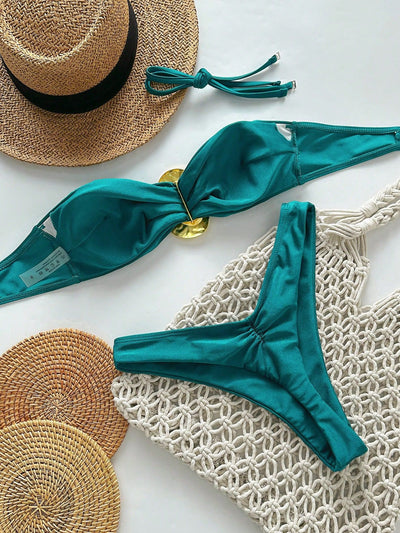 Jade Green Gold Decor Bandeau Ruched Butt Thong Sexy 2Pc Swimsuit Bikini