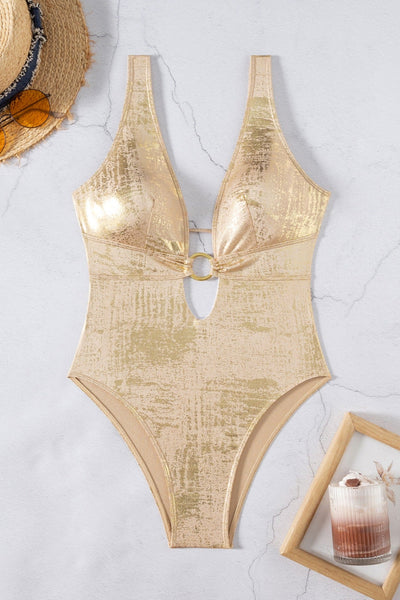 Gold Beige O-Ring Plunging-V Sexy 1Pc Swimsuit Monokini