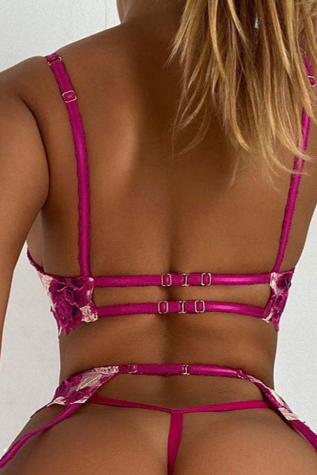 Yellow Fuchsia Floral Embroidered Mesh Underwire Sexy Lingerie 3 Pc Set