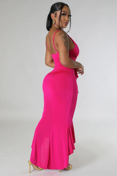 Hot Pink Ruffle Curve Hugging Sexy Maxi Party Dress