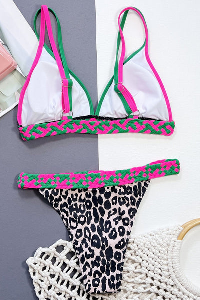 Pink Green Braided Leopard Triangle Cheeky Sexy 2Pc Swimsuit Set