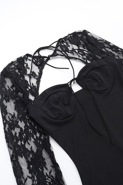 Black Long Sleeve Lace Open Back Sexy Fitted Party Dress