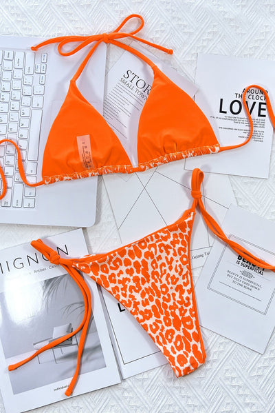 Neon Orange Leopard Print Halter Sexy Cheeky Two Piece Swimsuit Bikini