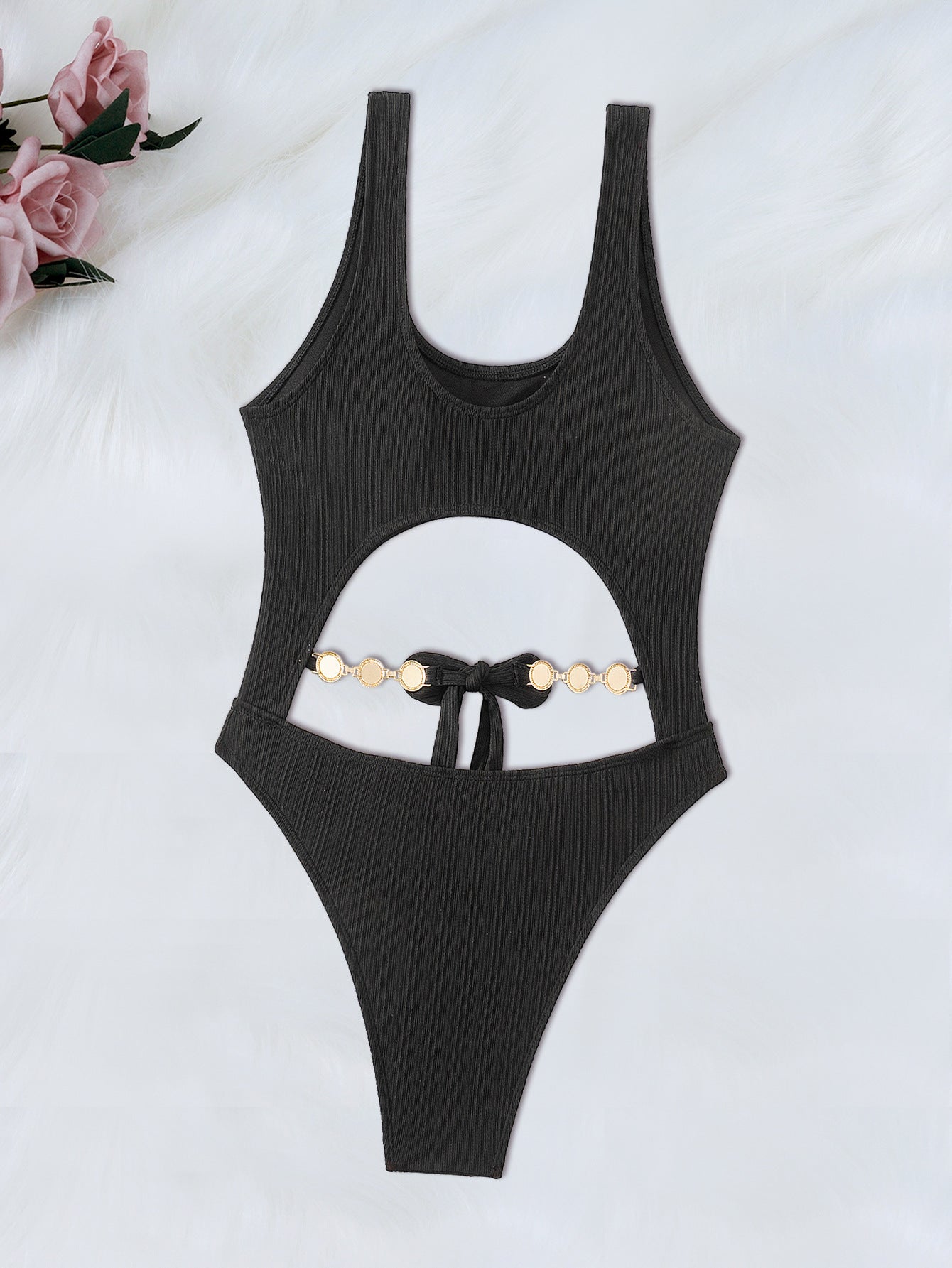 Black Textured Fabric Gem Cut-Out Sexy 1Pc Swimsuit Monokini