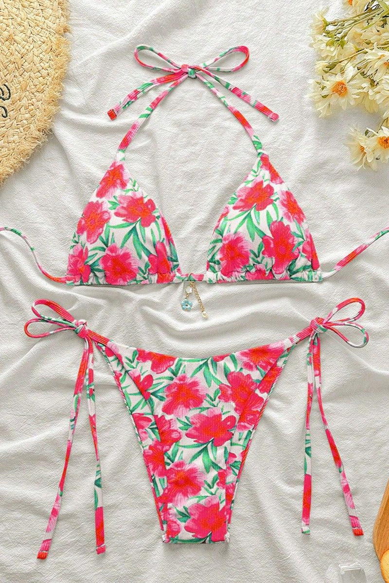 Hot Pink Floral Print Ribbed Flower Charm Sexy 2Pc Swimsuit Set Bikini