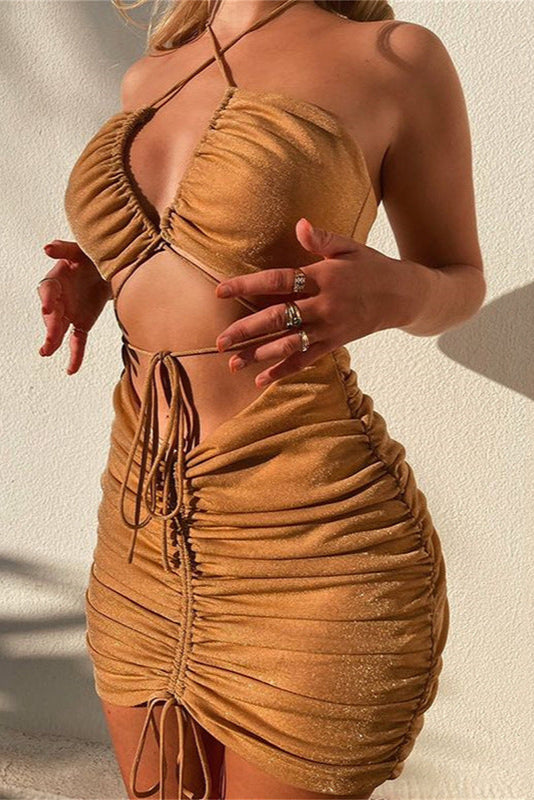 Khaki Shimmer Sparkly Strappy Cut-Out Sexy Fitted Party Dress