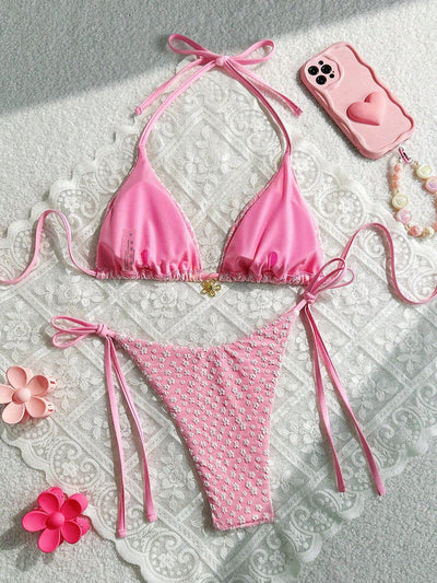 Light Pink Flower Textured Gold Charm Sexy 2Pc Swimsuit Set Bikini