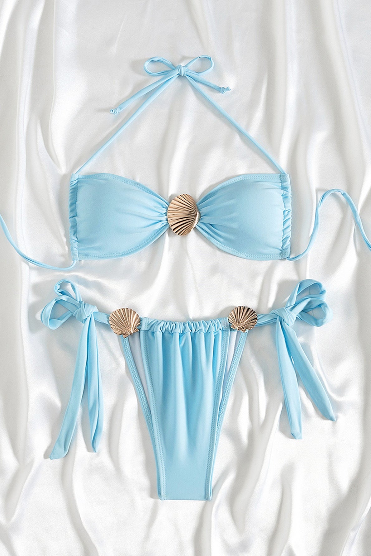 Light Blue Gold Seashell Halter Cheeky Sexy 2Pc Swimsuit Set