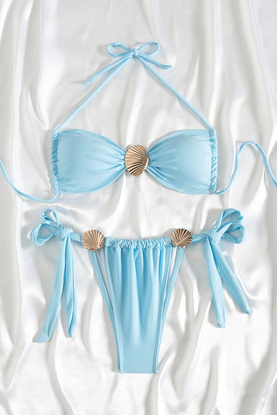 Light Blue Gold Seashell Halter Cheeky Sexy 2Pc Swimsuit Set