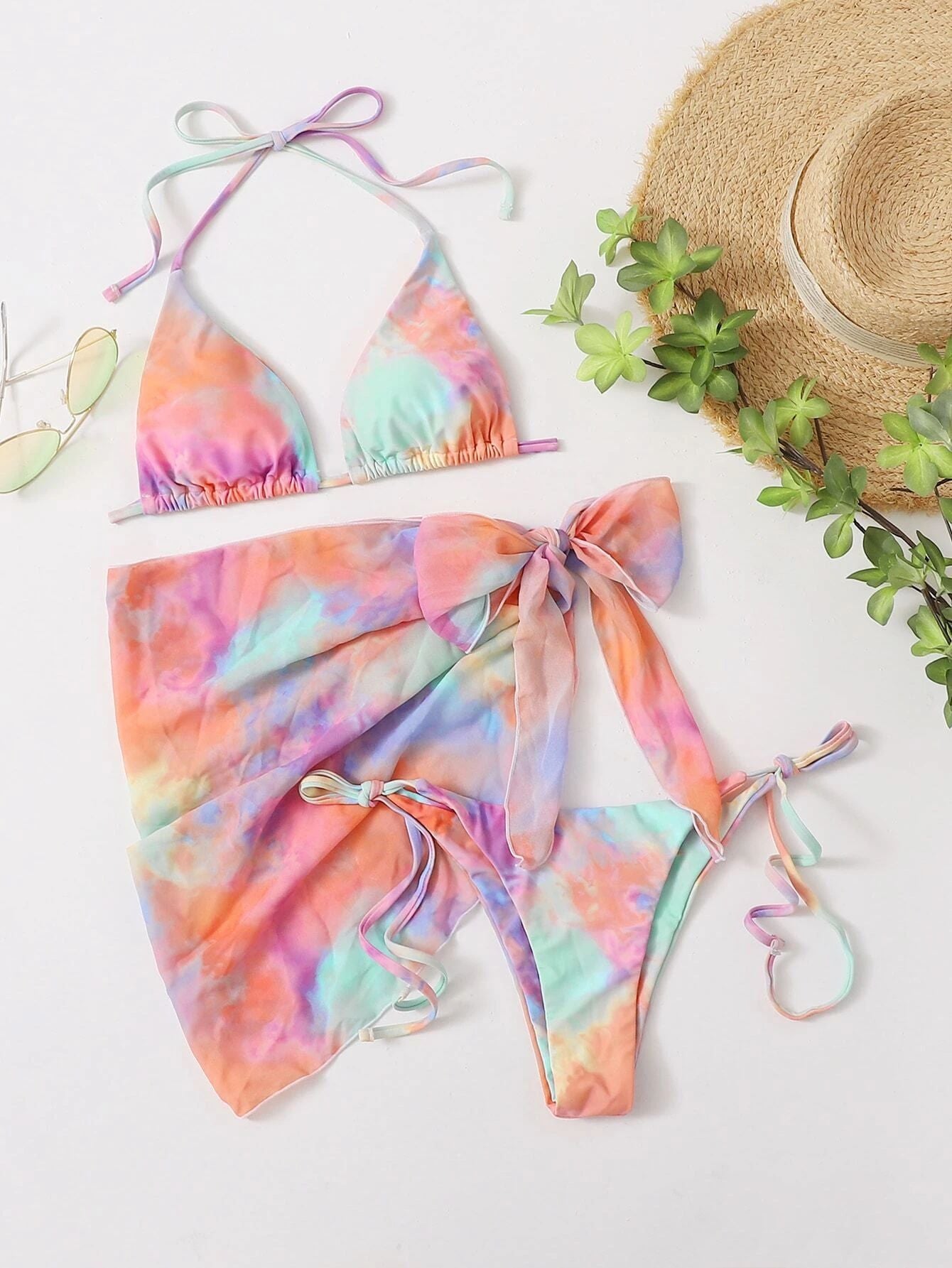 Pink Mint Tie Dye Triangle Cheeky Cover-Up Sexy 3Pc Swimsuit Set