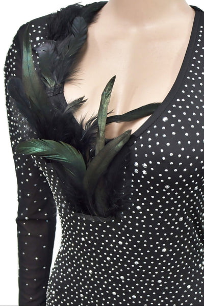 Black Long Sleeves Rhinestones Feather Sexy Party Dress