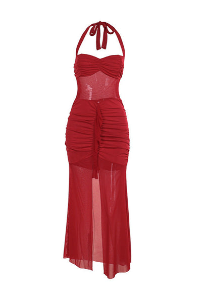 Red Ruched Mesh Waist Skirt High Slit Sexy Maxi Party Dress