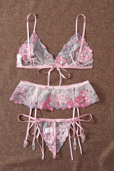 Sexy Pink Floral Embroidery Mesh Ribbon Lingerie 3 Pc Set